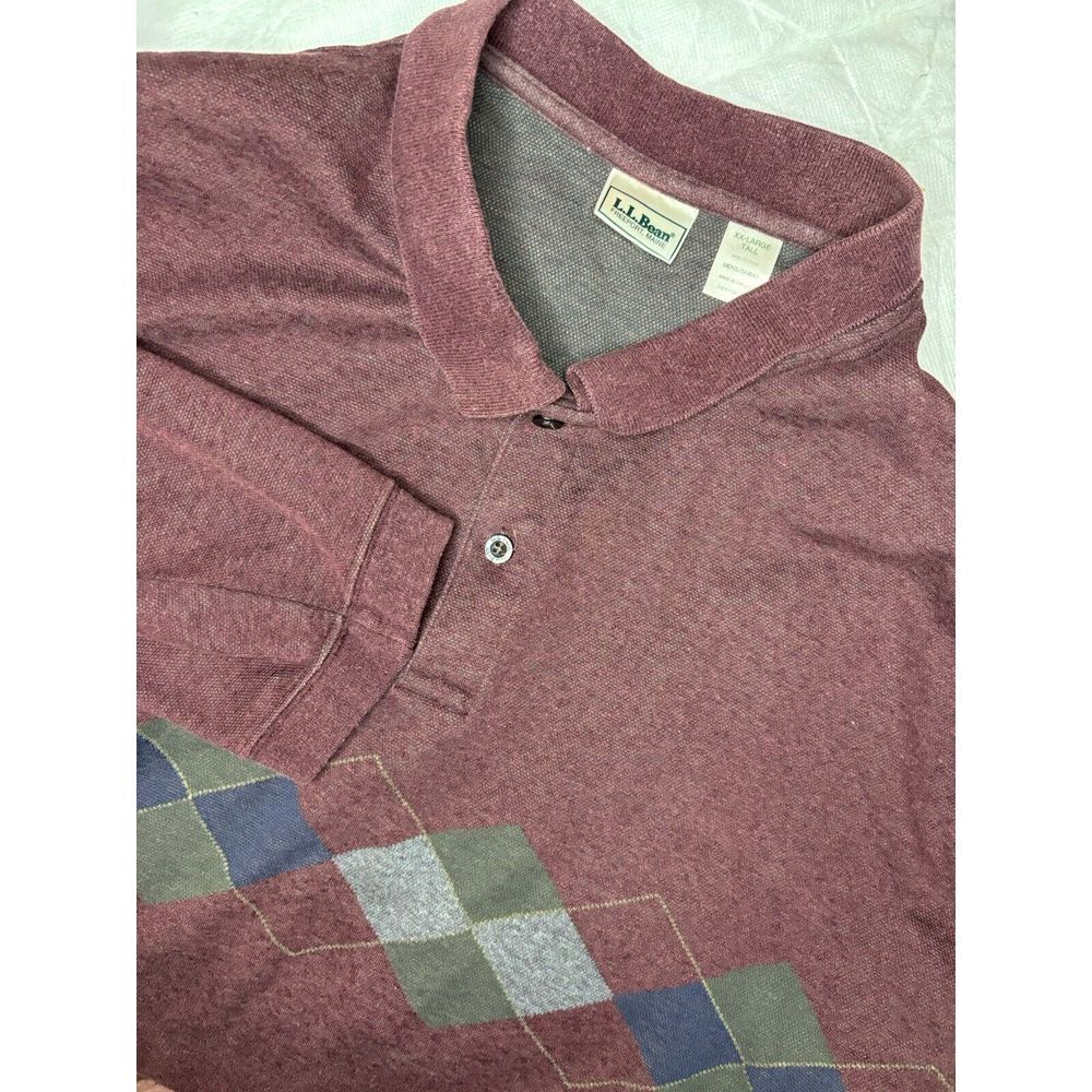 Vintage L.L. Bean Men XXL Argyle Diamond Long Sleeve Polo‎ Shirt Maroon Made USA